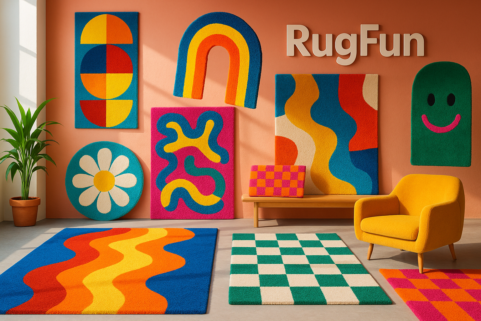 UNA IMAGEN PRINCIPAL PARA MI TIENDA DE ALFOMBRAS FREAK LLAMADA RUGFUN, NO ES EL LOGO, ES UNA IMAGEN PRINCIPAL PARA LA TIENDA, 